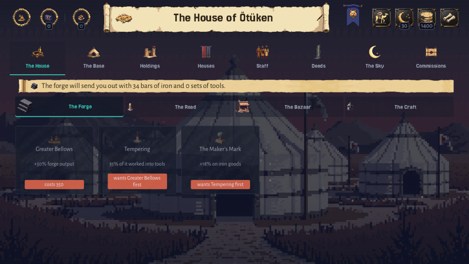 The House screen, showing the treasury, journeys made and how many came home