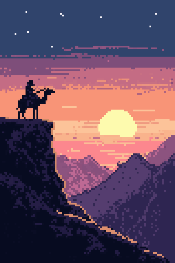A camel driver on a ridge at evening, looking down at a distant walled city